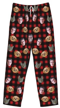 Personalisierte Pyjamahose für Männer Frauen, karierte PJ Hose mit Gesicht lustige Pyjama Schlaf Unterseiten Schlafbekleidung, personalisierte Foto Pyjamahose mit Hund Katze Haustier Gesicht
