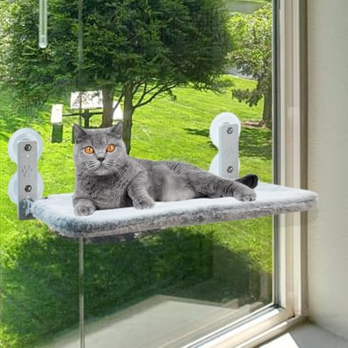 HHENGYISOUL Cat Window Perch,Foldable Cat Hammock for Window,Soft Furry Fabric Cat Window Hammock with 4 Large Suction Cups, Metal Frame Cat Window Seat for Indoor Cats,Furry Grey