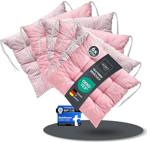 LILENO HOME 6er Set Wende Stuhlkissen Rosé (40x40x6 cm) - Streifen Sitzkissen für Gartenstuhl, Küche oder Esszimmerstuhl - Indoor u. Outdoor Stuhlauflage als Stuhl Kissen (Linda FUM)