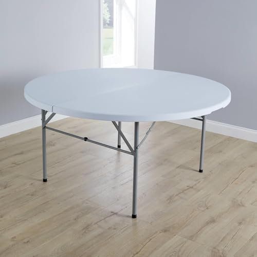 Home Source Folding Trestle Round 5ft Heavy Duty Table for Camping Catering BBQ Picnic Party Car Boot Sale, White