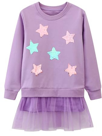 Dioshark Sweatshirt Mädchen Lila Langarm Baumwolle Pullover Stern Glitzer Pailletten Tüll Kleider Langarmshirt Weich Frühling Herbst Warm Pulli Casual Schule Kleidung für Kinder Alter 4-5 Jahre