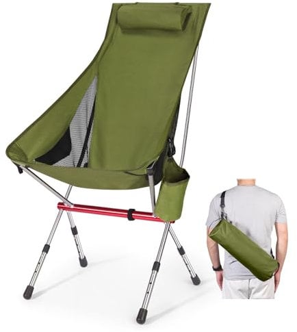 OKYUK New Foldable Camping Chair-High Back Support, 2 Storage Pouches, Adjustable Height, Lightweight Carry Bag – Perfect for Outdoor Adventures, Hiking, Beach Lounging, and Fishing Trips(Green)