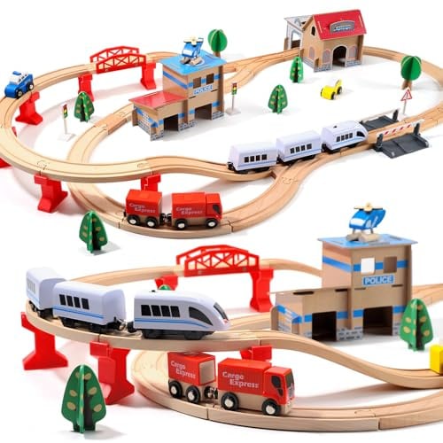 Electric Wooden Train Track Set Toy for Toddlers & Kids