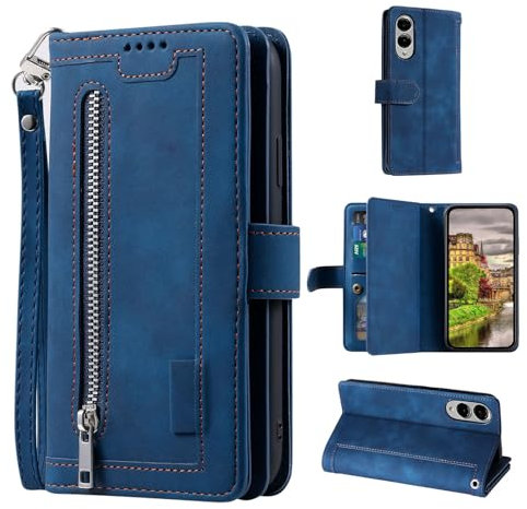 EYZUTAK Funda tipo cartera para Samsung Galaxy S25 Edge, estilo retro, mate, 9 ranuras para tarjetas, bolsillo con cremallera, piel sintética, cierre magnético, función atril y correa para la muñeca