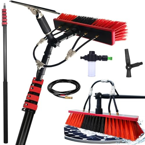 YFSMBD Teleskopwaschbürste zur Reinigung von Solaranlagen und Fenstern | Bis 12 Meter Teleskopstange | + Wasseranschluss & Abzieher & Seifenspender | Photovoltaik | Wintergarten | 35cm Bürste