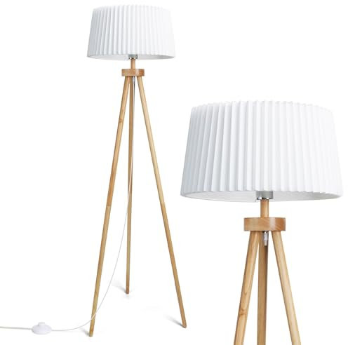 Aigostar Stehlampe Dreifuß E27 Vintage aus Massivholz für Wohnzimmer, Gefalteter Leinen-Schirm in Weiß, 180 cm Kabel mit Fußschalter, Ohne Glühbirne, Skandinavischer Stil