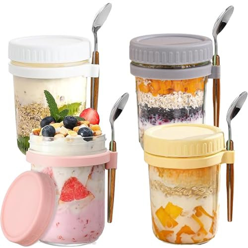 UQMIQURA Overnight Oats Lot de 4 bocaux en verre avec cuillères et couvercle, 350 ml, pour céréales, avoine, céréales, fruits, lait, yaourt