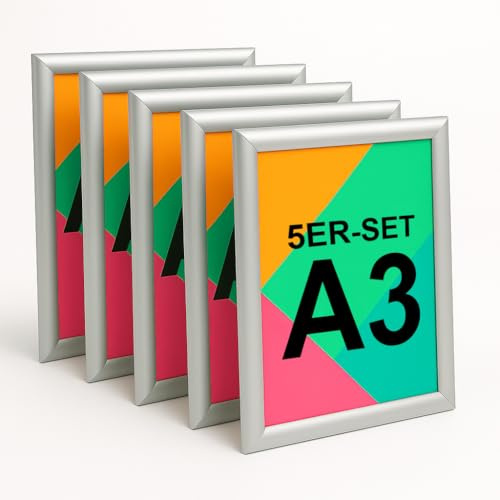 Aluanz Klapprahmen A3, Silber, 5er Set | Bilderleiste, Wechselrahmen mit Antireflexfolie, Posterleiste für Wandmontage, Hoch- & Querformat, 45 x 33 x 1,2 cm