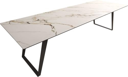 DELIFE Esszimmertisch Edge Keramik Calacatta Luxe Weiß-Gold-Grau 300x100 Metall Schräg Schwarz
