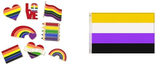 Gravidus Set 1 Flagge + 8 Anstecker, 150x90 cm, mit LGBTQ+ Symbolen – Set für Vielfalt & Akzeptanz (Non-Binary)