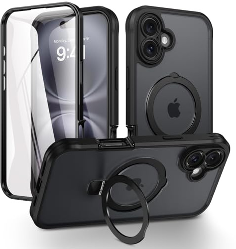 VENINGO Magnetic for iPhone 16 Stand Case with Ring Holder,Built-in Screen Protector,Compatible with MagSafe,Front and Back Full Body 360 Shockproof Matte Translucent Case,Black
