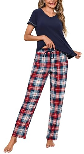 Litherday Ensemble de Pyjama Femme Coton à Manches Courtes | Vêtements de Nuit Bas de Pyjama à Carreaux Vêtement d'Intérieur Automne et Hiver