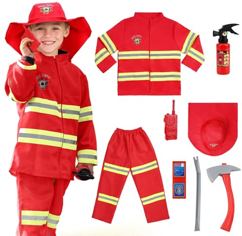 AYBUY Costume da Pompiere per Bambini, 8 Pcs Costume Pompiere Bambino con Accessori di Pompieri, Vestito Carnevale Halloween per Gioco d'Imitazione, Regali, rosso