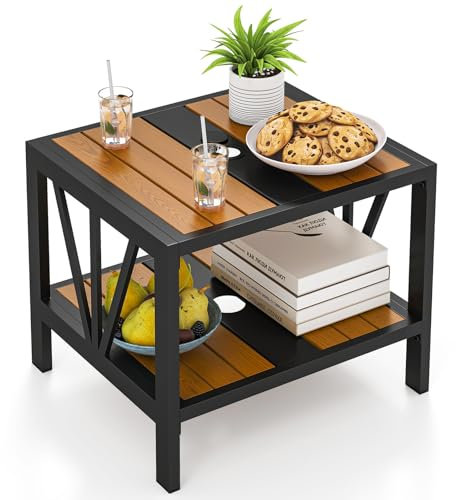 COSTWAY Mesa Auxiliar para Patio con Agujero para Sombrilla de 4 cm, Mesa Lateral de 2 Pisos con Estante de Almacenamiento, Mesita de Café Bistró para Porche Balcón Jardín