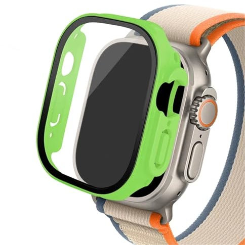 OBAEHH Boîtier en verre pour Apple Watch Ultra 2, 49mm, smar twatch PC, protecteur d'écran pare-chocs, couverture trempée, accessoires de bande série iwatch(Fluorescent 22,Ultra 49mm)