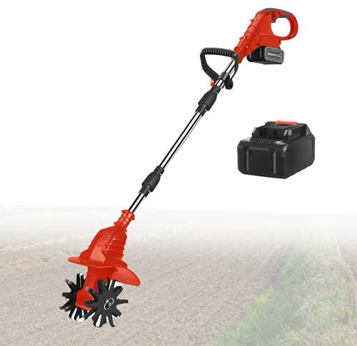 Akku-Gartenfräse mit 21V Akku, Gartenfräse mit 25cm Frästiefe und 20cm Fräsbreite, Elektro-Fräse für Garten, Hof,Red-FourBlades-1battery