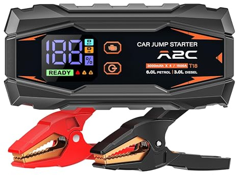 A2C Jump Starter, 12V (hasta 6L de Gasolina o 3L de diésel), Power Bank de 16800mAh (PD/QC 3.0) con 3 Puertos USB C, arrancador de Coche con Cables de Arranque, Pantalla LED y luz