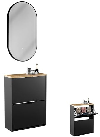 Planetmöbel Schuhschrank schmal, ovaler Spiegel mit Beleuchtung | (3 Lichtstufen), Schuhkommode mit 2 Klappen Schuhregal mit 4 Ablagen, Garderobe Set, 60 x 23 x 80,5 cm, schwarz