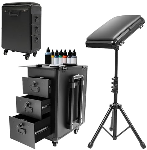 Tattoo Travel Case with Tattoo Armrest, Portable 3 Drawers Makeup Train Case with Combination Lock & Handles, Tattoo Artist's Portable Work Station, for Esthetician Embroiderer (Metal Panel)