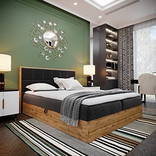 FURNISTAR Boxspringbett LOFT 2-200x220cm Schwarz. Doppelbett mit Bonellmatratze, Bettkasten, Topper, Kopfteil.