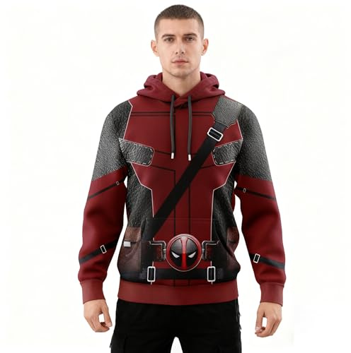 SZRXKJ Unisex Kapuze Cosplay-Kostüm Halloween Rot-Schwarz mit Gürtel-Print Fake 2pcs Kapuzenpullover (DE/NL/SE/PL, Alphanumerisch, L, Regular, Regular, Rot)
