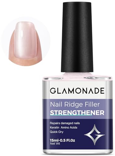 Glamonade Nail Strengthener: Nail Care Ridge Filling Strengthener Nail Hardener Pink Nail Varnish Nail Strengthener for Damaged Nails Smoothing Quick Dry 15ml (Pink)