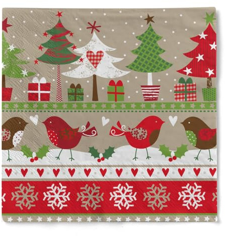 HAPPY PAPER Weihnachtsserviette ZAOUI (Wintervögel) aus 3-lagigem Tissue, 1/4 Falz, 33x33cm, 20 Stück – Design: Wintervögel, Tannenbäume, Geschenke & Ornamente