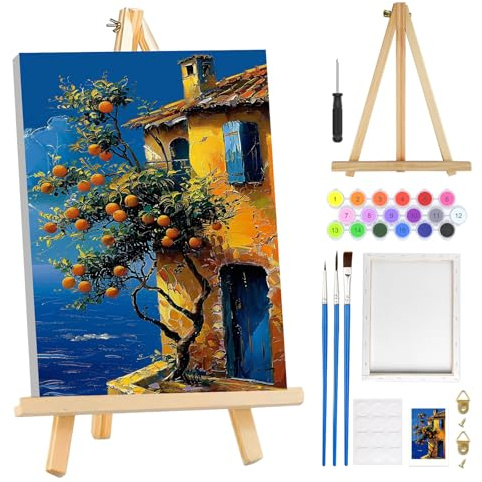 MOGTAA Landscape Paint by Numbers for Adults Beginners Kids with Frame, Oranges Tree Painting by Numbers for Adults with Easel, Easy DIY Oil Painting Kits Art Crafts for Home Decor, 8x12in
