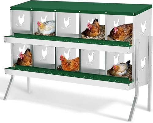 Hühner Legenester 10 Abteile, Metall Rollnestkasten Hühnernest mit Auffangschale & Lüftungsgitter, Hühnerstall Eiersammelboxen mit Standbeine, Stabiler, Korrosionsbeständiger, 136 * 43 * 90cm, Grün