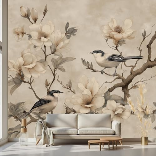 Kioldoq Tapete Blumentapete Selbstklebende, Vogel Floral Tapete 150x200cm | Zweig Retro Fototapete Schlafzimmer, Blumenmuster Blatt Wallpaper Self Adhesive Wohnzimmer