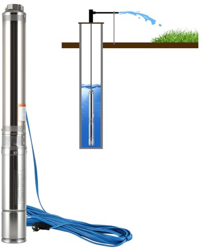 Peviasot Tiefbrunnenpumpe 1100W Brunnenpumpe aus Edelstahl mit 20 m Verbindungskabel, Eingebauten Kondensators, Lieferhöhe Max.81 m, Wasserpumpe für Hauswasserwerk und Garten