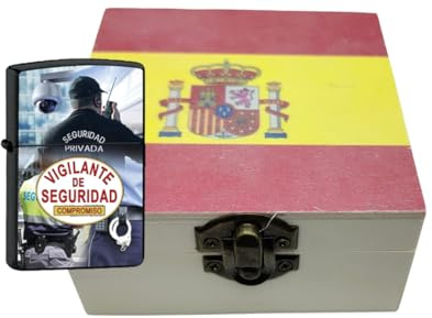 Mechero de Recargable Dorado con Grabado. Se Envía en Cajita de Madera con la Bandera de España. (Vigilante de Seguridad)