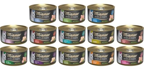 Miamor Feine Filets Naturell Mixpaket | 12 x 80g | Katzenfutter Nassfutter Dose | Filet Huhn & Thunfisch | fettarm | garantierter 10 Sorten Mix