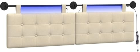 vidaXL Hängendes Kopfteil Mit LED Licht Creme Stoff, Moderner, rechteckiger Polster-Kopfteil, Wandmontage, anpassbare Schlafzimmer-Deko, platzsparende Möbel Ideen
