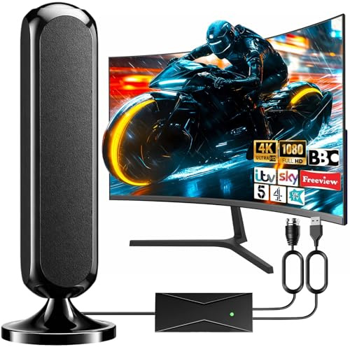 Indoor TV Aerial, Freeview TV Antenna with Signal Booster for Weak Signal Areas, 360° Reception Portable Digital TV Aerial, Support 4K 1080P HD Local Channels VHF UHF DAB Radio (U-Black)