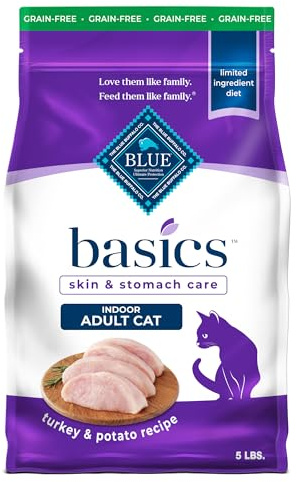 Blue Buffalo Basics Grain-Free Dry Cat Food, Skin & Stomach Care, Limited Ingredient Diet for Indoor Cats, Turkey & Potato Recipe, 5-lb. Bag