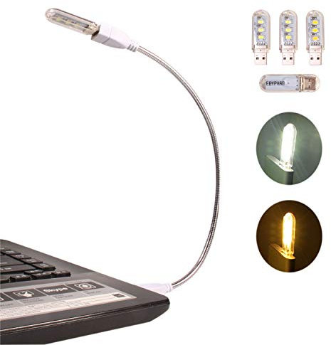 EBYPHAN Flexible Luz USB, Mini Luz LED para Teclado Portatil, Lámpara LED USB para Ordenador PC, Luz de Lectura (Cuello de Cisne Ajustable + 2 Luces Blancas + 2 Luces Amarillas)