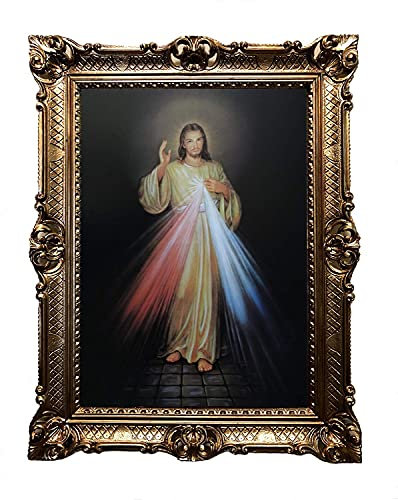 Gnadenbild vom Barmherzigen Jesus Antik Barock Rahmen Barockrahmen mit Bild Wandbild 70x90cm Kunstdrucke Religiöse Bilder Kunst von Heiligen Heiligenbild Retro Repro für Home Büro Praxis Café 58B