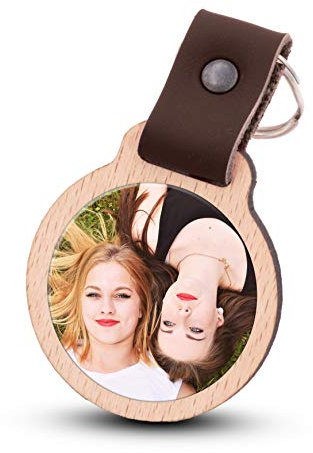 Wogenfels - Schlüsselanhänger selbst gestalten mit Fotodruck | Echtes Holz mit Lederband | kreative Geschenkidee Geschenk für Damen/Frauen (Dunkelbraun)