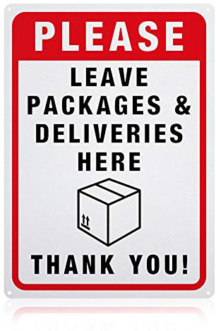 GLOBLELAND Please Leave Packages and Deliveries Here Sign, 14x10 inches 40 Mil Aluminum Caution Signs Indoor or Outdoor Use for Home or Business, Reflective UV Protected, Waterproof
