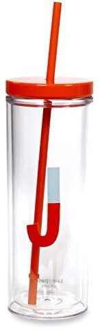 Kate Spade New York Insulated Initial Tumbler with Reusable Straw, 20 Ounce Acrylic Travel Cup with Lid, J (red)