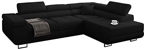 Miami Ecksofa Schlaffunktion, Eckcouch mit Bettkasten, Schlafsofa mit bettfunktion, L Form Couch, Ecksofa mit Bettkasten, Ottomane Rechts, 272 x 203 cm (Schwarz + Schwarzer Kunstleder -EKO)