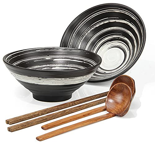 2 Set Tableware Ramen Bowl Ceramic - Porcelain Noodles Bowls Dinner Sets for Pasta Soup Pho Mixing Salad Dishes Snack Cereal Food with Spoons Chopsticks Kit 1000 Ml for New Home House Warming Gifts