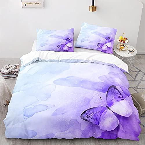 TBBDH Copripiumino una Piazza e Mezza 200x200 cm Farfalla viola Set Biancheria da Letto in Microfibra per Ragazzi Ragazze, Copripiumino con Cerniera Nascosta + 2 Federe 80x80 cm