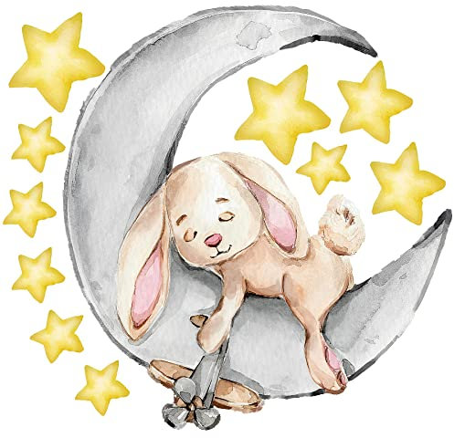 WandSticker4U®- Aquarell Wandtattoo HASE auf MOND (66x62 cm) I Baby Wandsticker Kinderzimmer Hase Sterne sweet dreams I Wand Aufkleber Babyzimmer Mädchen & Junge Deko