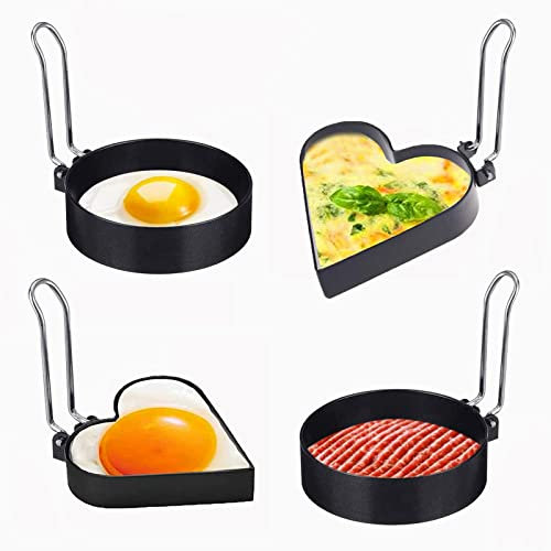 Duyteop 4 Stück Egg Ring, Runde Pancake Shaper, Herz Pfannkuchen Ring, Edelstahl Antihaft Pfannkuchen Form mit Klappbarem Griff für Spiegeleier, Pfannkuchen, Omelette Pancake