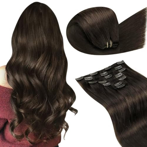 LaaVoo Clip in Extensions Braun Clip in Extensions Echthaar 55cm Gerade Haarverlängerung Echthaar Clips Doppelt Tressen Lang Hair Extensions Clips 120g