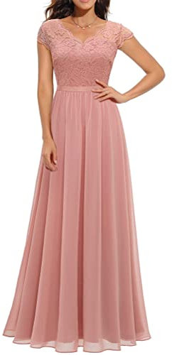 Onsoyours Robe Longue Femme Manche Courte Jupe Maxi Plissée Rétro de Soirée Florale en Mousseline de Soie Dentelle Demoiselle d'honneur Formelle C Rose M