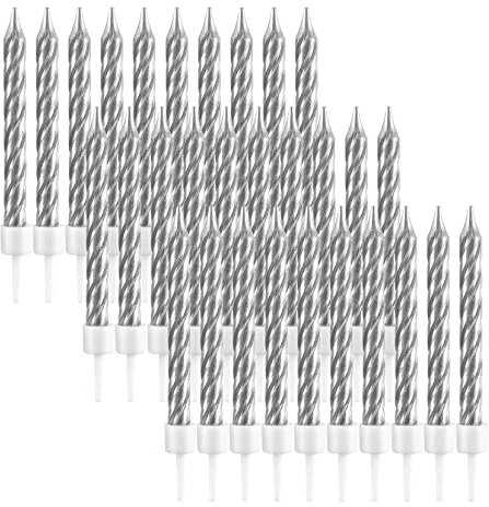 KAIAIWLUO Spiral Birthday Candles,30 Pcs Metallic Cake Candles with Holder for Birthday Wedding Party Cupcakes Topper Decorations Anniversary Silver