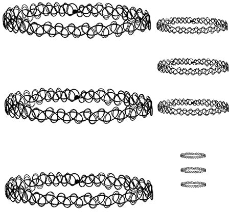 9 Sets Schmuck-Sets, 3 x Elastische Dehnen Halskette + 3 x Armband +3 x Ring, Vintage Kette in schwarz, Vintage Boho Tattoo Stretch elastischer Schmuck Frauen Mädchen Geschenk
